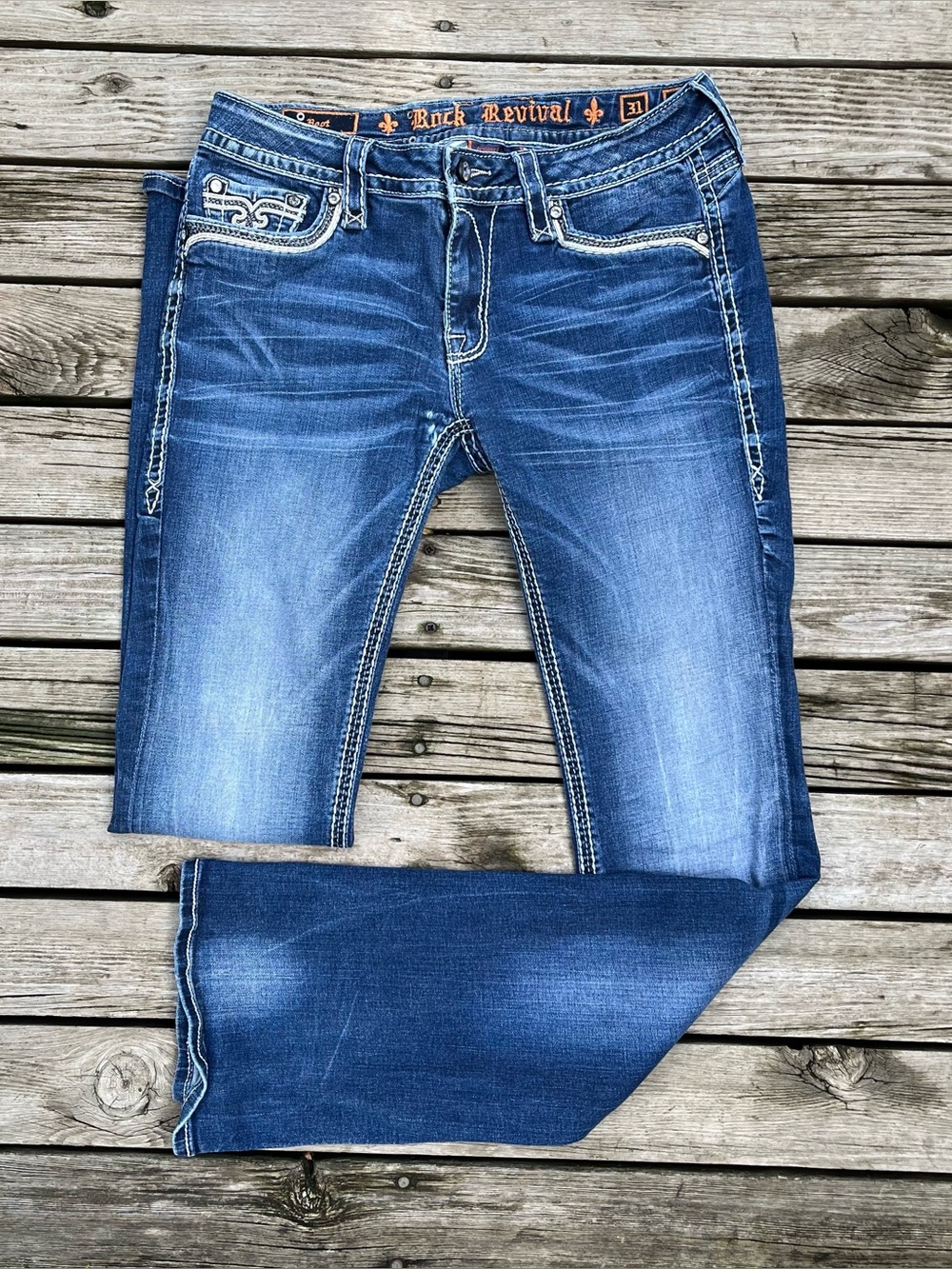 Rock Revival Ena Y2K Jeans Women’s 31 Low Rise Bootcut Rhinestone Embroidered